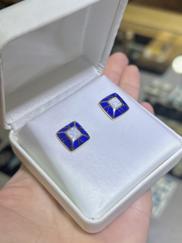 Lapis Lazuli 14Kt Gold Inlay Opal Square Stud Earrings - Image 6