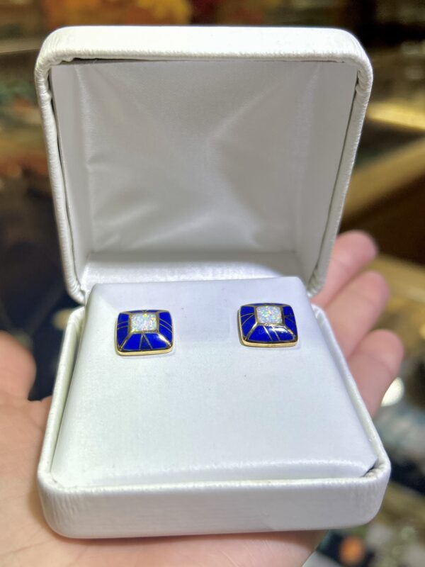 Lapis Lazuli 14Kt Gold Inlay Opal Square Stud Earrings - Image 3