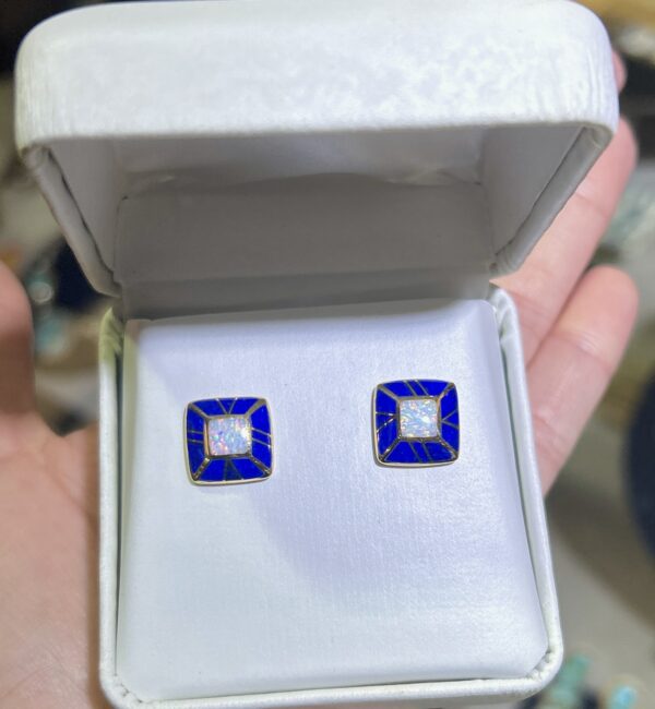 Lapis Lazuli 14Kt Gold Inlay Opal Square Stud Earrings