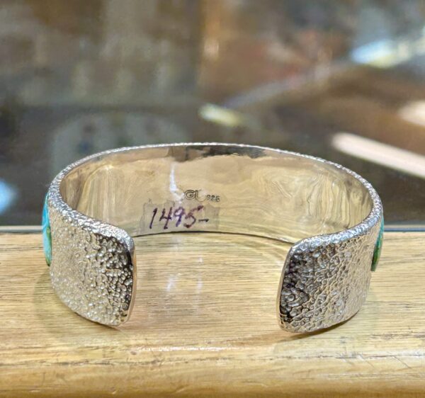 Sonoran Gold Turquoise Inlay Hammered Thick Sterling Silver Navajo Mens/Womens Cuff Bracelet - Image 7