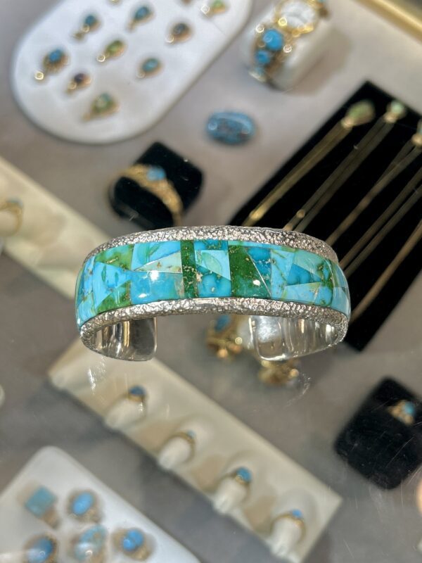 Sonoran Gold Turquoise Inlay Hammered Thick Sterling Silver Navajo Mens/Womens Cuff Bracelet