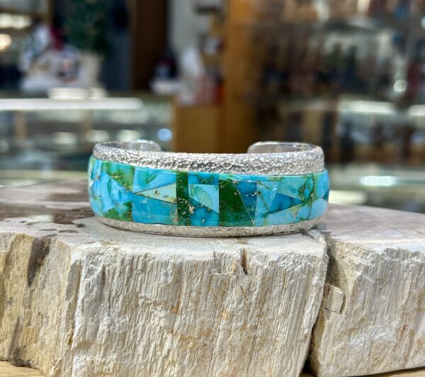 Sonoran Gold Turquoise Inlay Hammered Thick Sterling Silver Navajo Mens/Womens Cuff Bracelet - Image 2