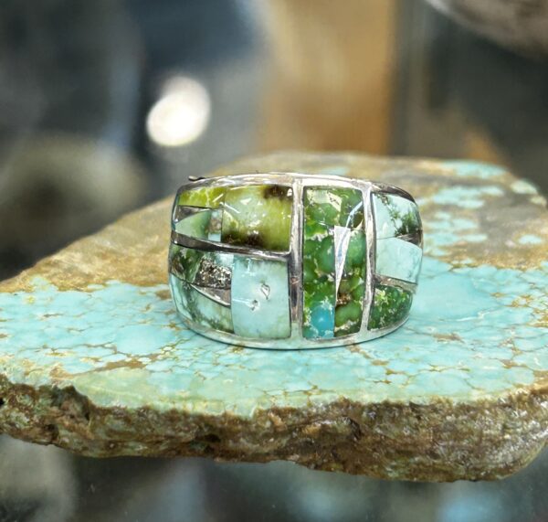 Green Sonoran Gold Turquoise Inlay Sterling Silver Navajo Handmade Ring