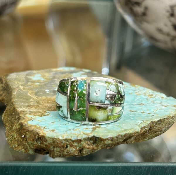 Green Sonoran Gold Turquoise Inlay Sterling Silver Navajo Handmade Ring - Image 2