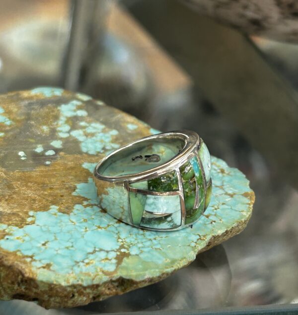 Green Sonoran Gold Turquoise Inlay Sterling Silver Navajo Handmade Ring - Image 8