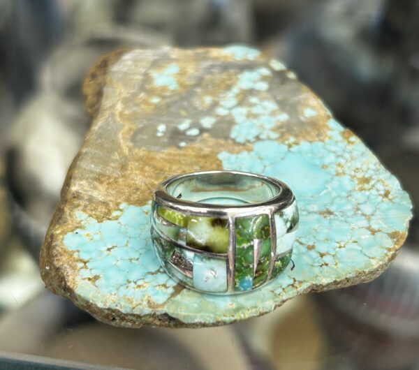 Green Sonoran Gold Turquoise Inlay Sterling Silver Navajo Handmade Ring - Image 4