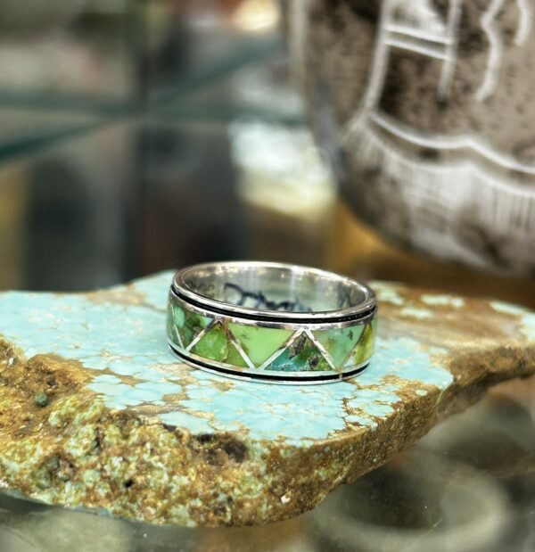 Sonoran Gold Turquoise Inlay Sterling Silver Navajo Band Ring Unisex - Image 8