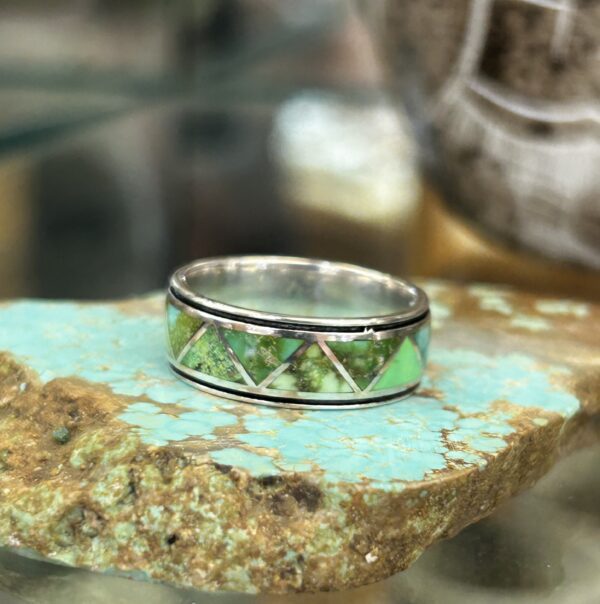 Sonoran Gold Turquoise Inlay Sterling Silver Navajo Band Ring Unisex - Image 5