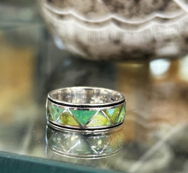 Sonoran Gold Turquoise Inlay Sterling Silver Navajo Band Ring Unisex - Image 2