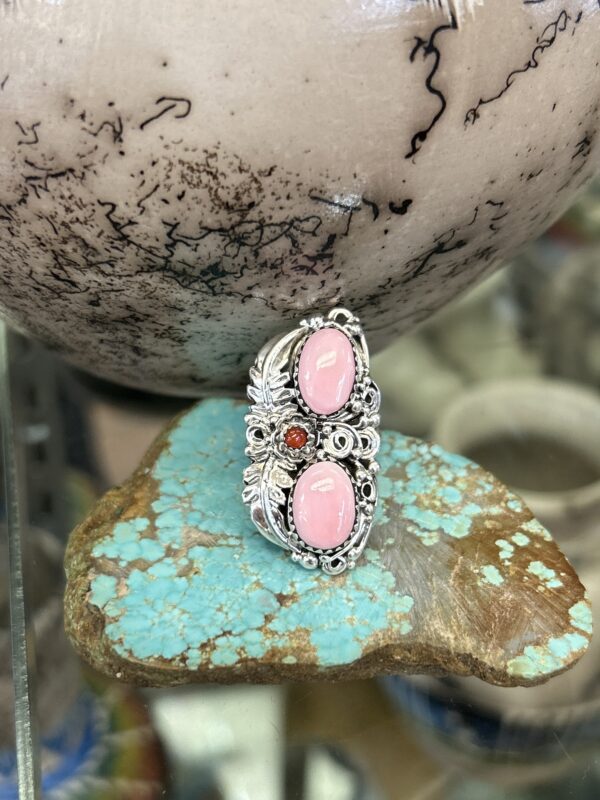 Pink Queen Conch Shell with Coral Sterling Silver Navajo Womens Ring