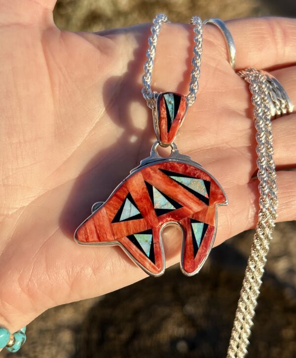 Calvin Begay Australian Opal/Red Spiny Oyster Shell Inlay Sterling Silver Double Sided Bear Pendant - Image 4