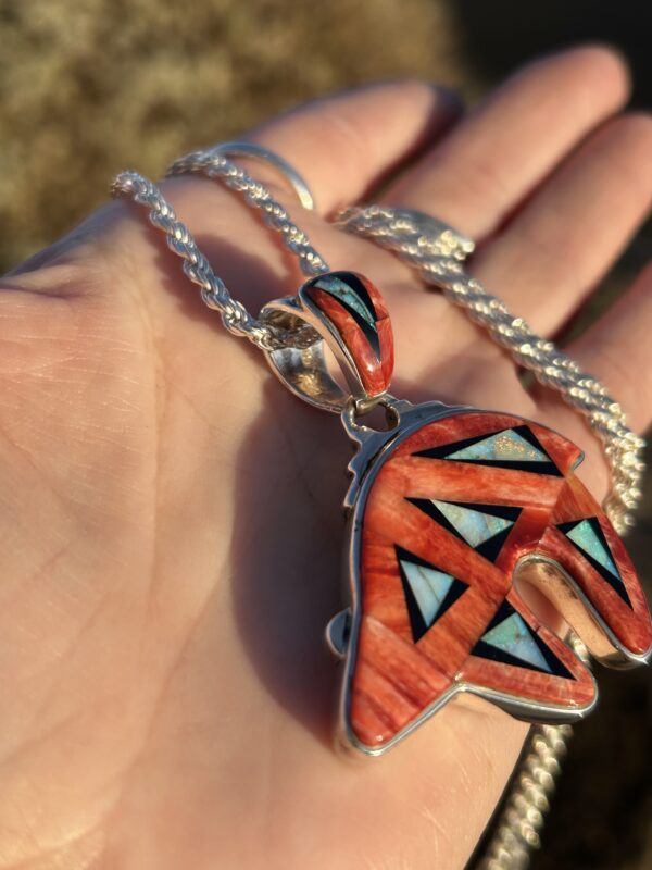 Calvin Begay Australian Opal/Red Spiny Oyster Shell Inlay Sterling Silver Double Sided Bear Pendant - Image 10