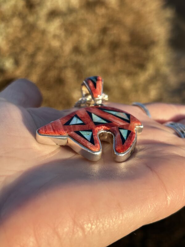 Calvin Begay Australian Opal/Red Spiny Oyster Shell Inlay Sterling Silver Double Sided Bear Pendant - Image 9