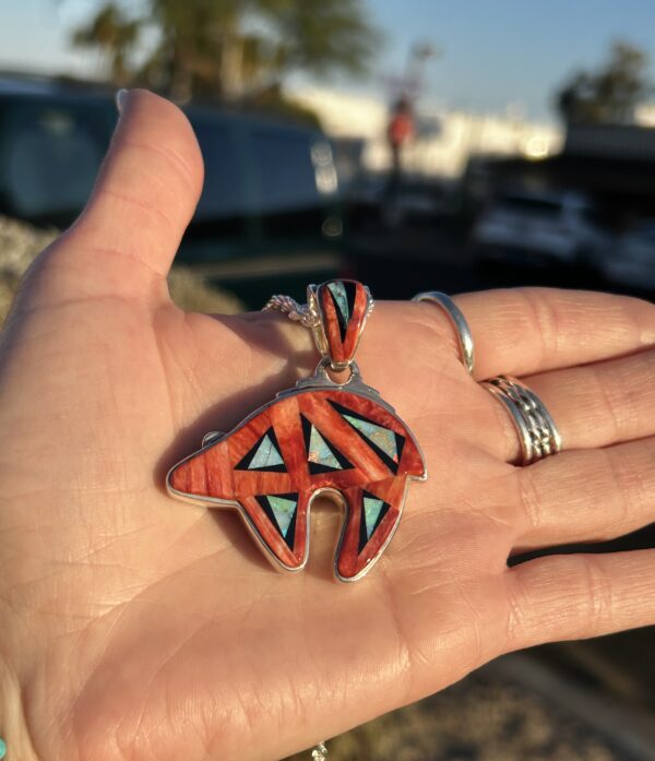 Calvin Begay Australian Opal/Red Spiny Oyster Shell Inlay Sterling Silver Double Sided Bear Pendant - Image 8