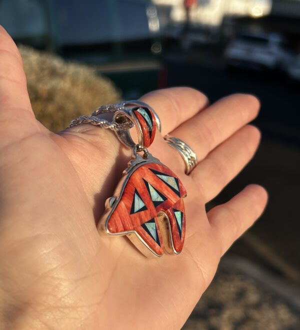 Calvin Begay Australian Opal/Red Spiny Oyster Shell Inlay Sterling Silver Double Sided Bear Pendant - Image 7