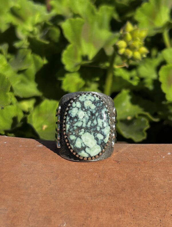 Mens Spiderweb Variscite Thick Sterling Silver Navajo Handmade Ring Teddy Yazzie - Image 8