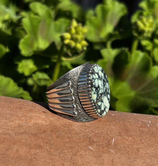 Mens Spiderweb Variscite Thick Sterling Silver Navajo Handmade Ring Teddy Yazzie - Image 4