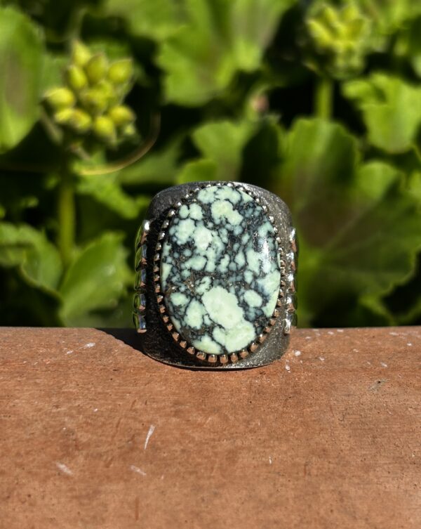 Mens Spiderweb Variscite Thick Sterling Silver Navajo Handmade Ring Teddy Yazzie - Image 2