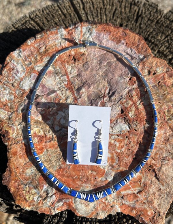 Lapis Inlay Sterling Silver Navajo Handmade Necklace and Earrings Set - Image 11