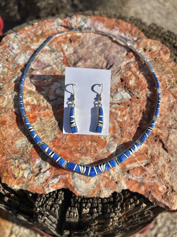 Lapis Inlay Sterling Silver Navajo Handmade Necklace and Earrings Set - Image 3