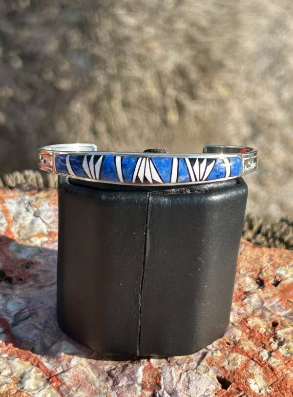 Lapis Multistone Inlay Onyx Sterling Silver Navajo Handmade Cuff Bracelet Unisex