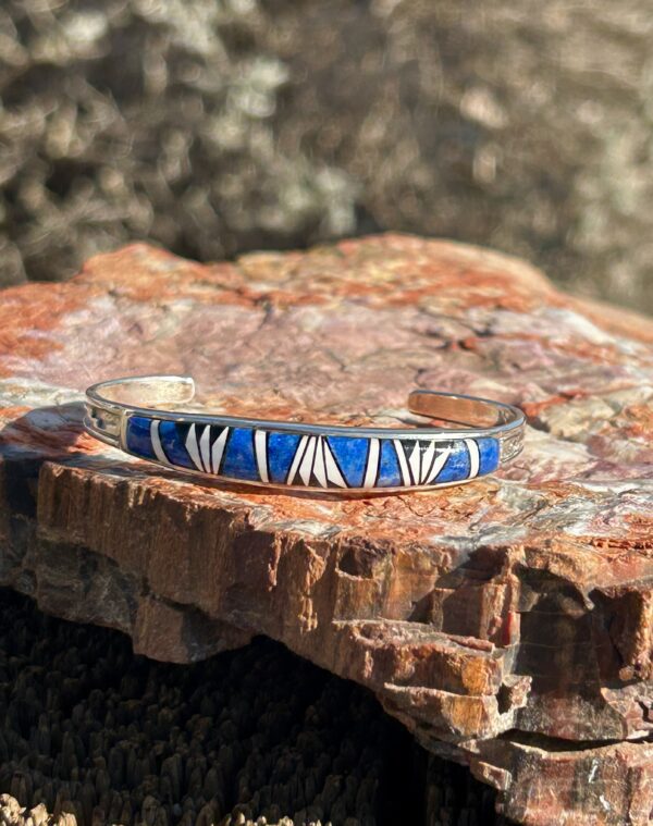 Lapis Multistone Inlay Onyx Sterling Silver Navajo Handmade Cuff Bracelet Unisex - Image 12