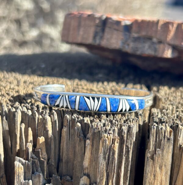 Lapis Multistone Inlay Onyx Sterling Silver Navajo Handmade Cuff Bracelet Unisex - Image 5