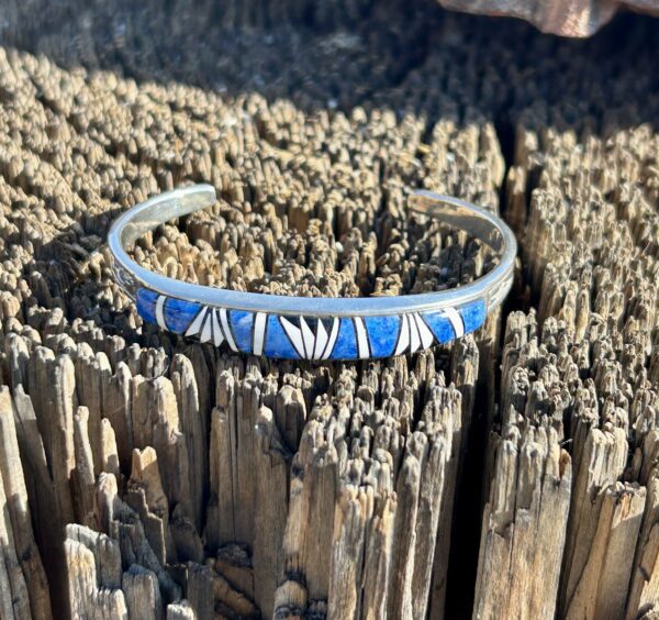 Lapis Multistone Inlay Onyx Sterling Silver Navajo Handmade Cuff Bracelet Unisex - Image 4