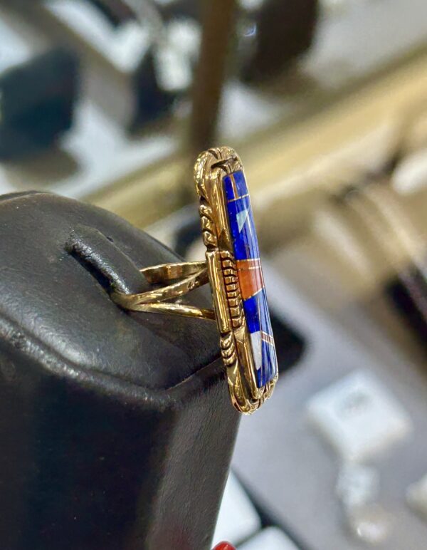 Navajo Handmade Vinatge 14K Gold with Lapis and Coral Inlay Robert Kelly Ring - Image 9