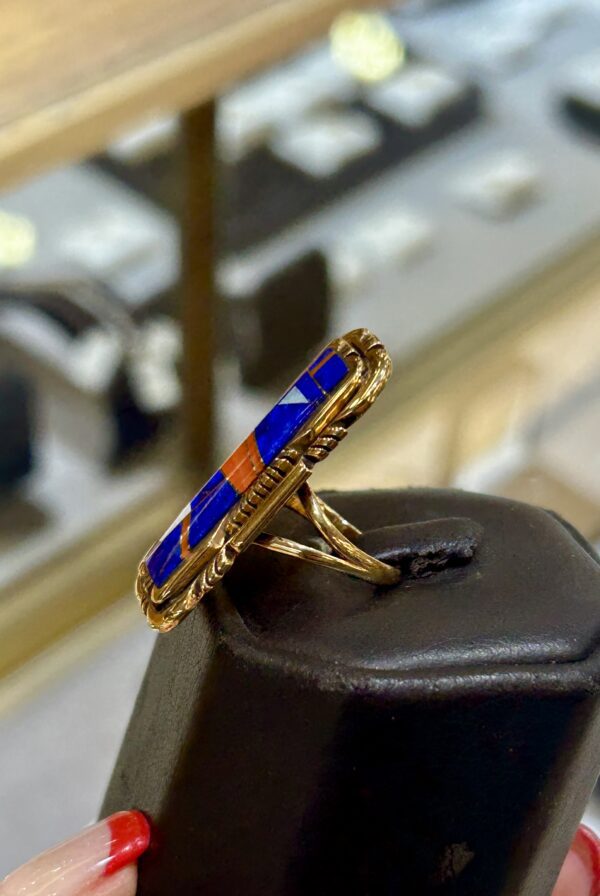 Navajo Handmade Vinatge 14K Gold with Lapis and Coral Inlay Robert Kelly Ring - Image 8