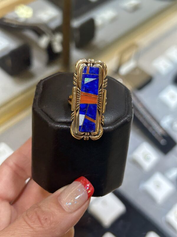 Navajo Handmade Vinatge 14K Gold with Lapis and Coral Inlay Robert Kelly Ring - Image 7