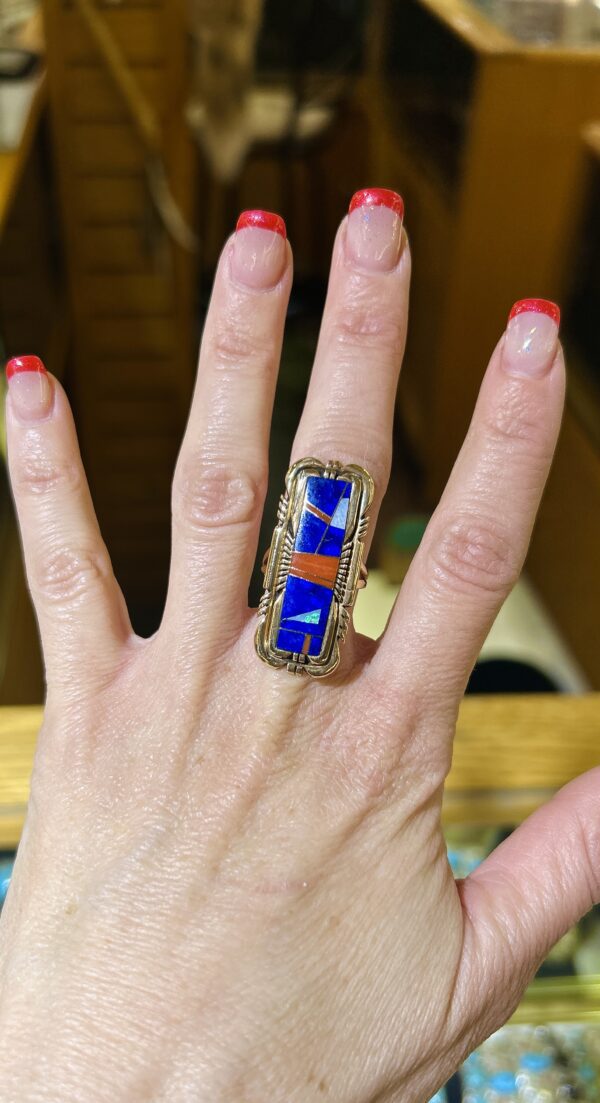 Navajo Handmade Vinatge 14K Gold with Lapis and Coral Inlay Robert Kelly Ring - Image 6