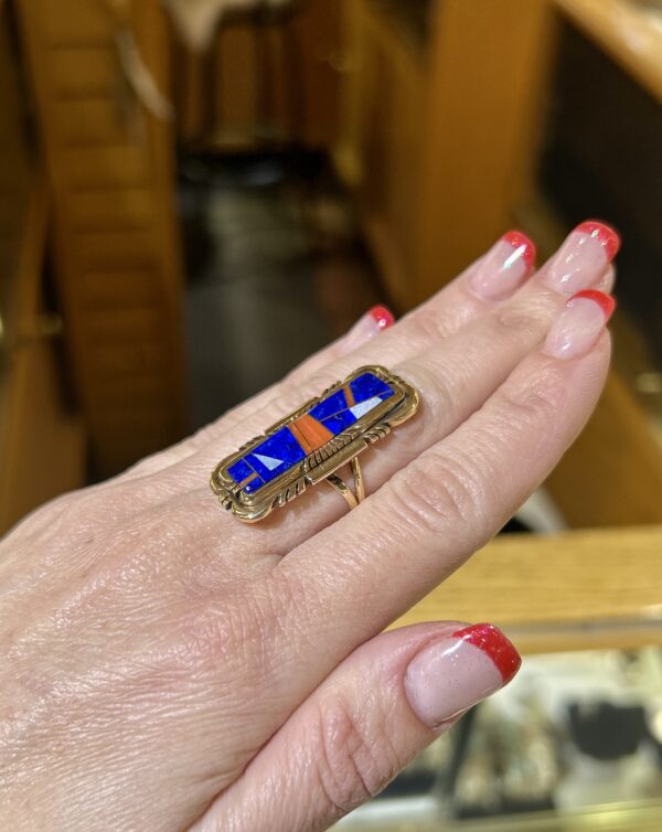 Navajo Handmade Vinatge 14K Gold with Lapis and Coral Inlay Robert Kelly Ring - Image 4