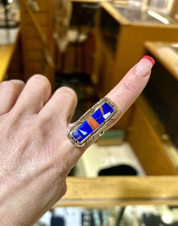 Navajo Handmade Vinatge 14K Gold with Lapis and Coral Inlay Robert Kelly Ring