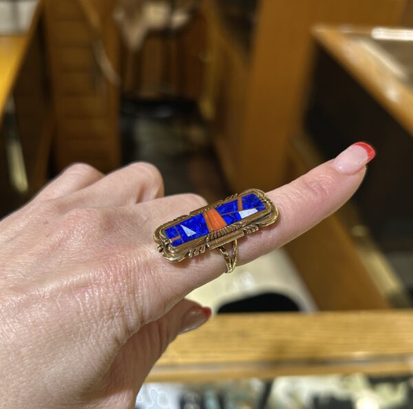 Navajo Handmade Vinatge 14K Gold with Lapis and Coral Inlay Robert Kelly Ring - Image 3