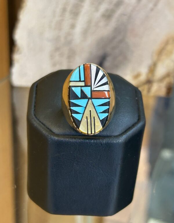 Zuni Inlay Multistone 14K Gold Sleeping Beauty Turquoise/Coral/Onyx Mens Ring