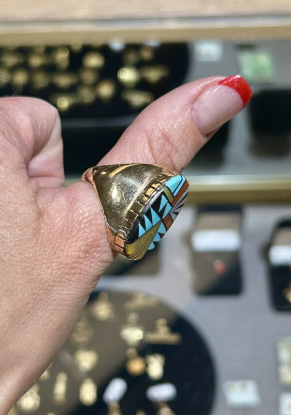 Zuni Inlay Multistone 14K Gold Sleeping Beauty Turquoise/Coral/Onyx Mens Ring - Image 8