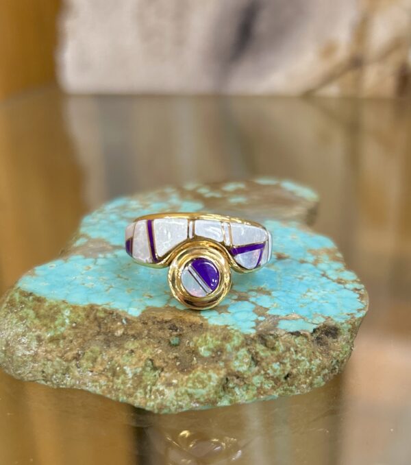 Navajo Handmade 14K Gold Australian Opal and Sugilte Inlay Ring - Image 7