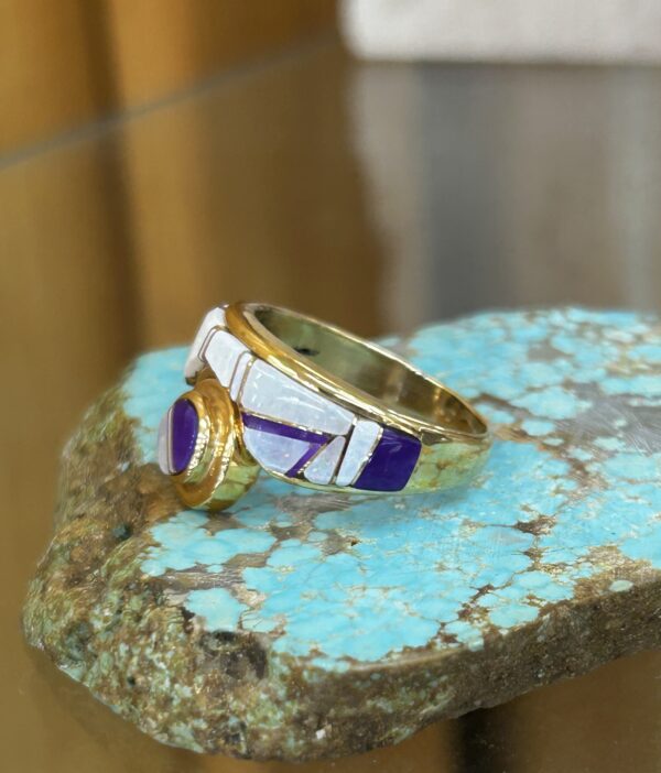 Navajo Handmade 14K Gold Australian Opal and Sugilte Inlay Ring - Image 4