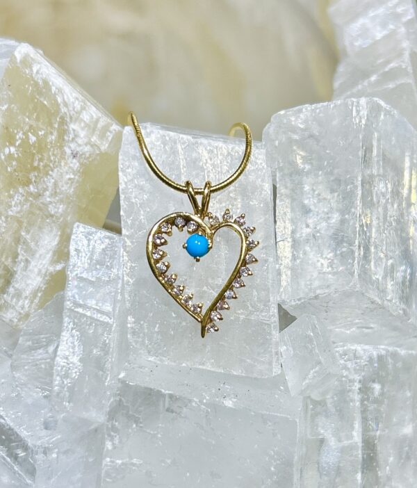 Sleeping Beauty Turquoise 14K Gold Diamond Heart Pendant - Image 4