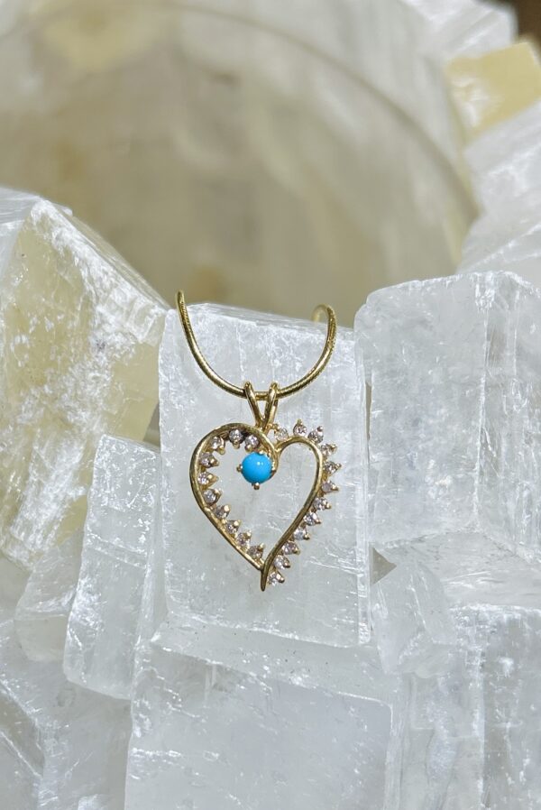 Sleeping Beauty Turquoise 14K Gold Diamond Heart Pendant - Image 2