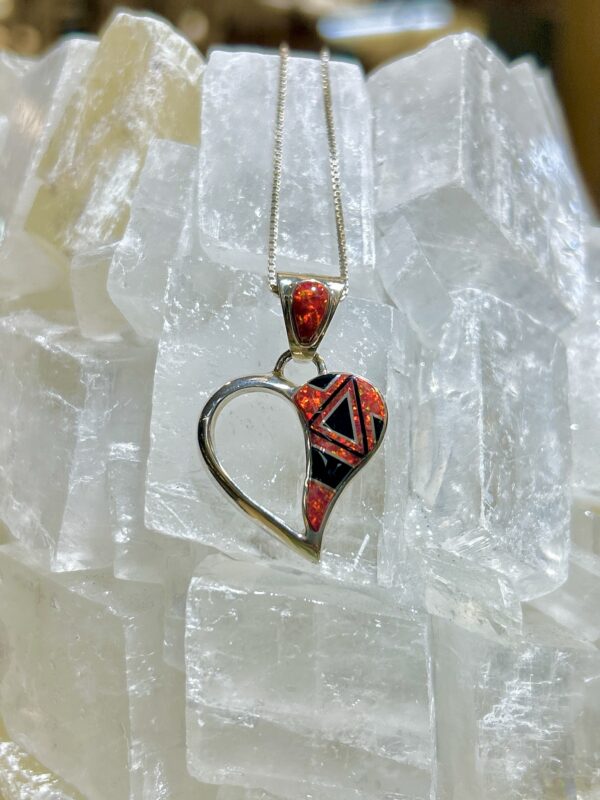 Red Opal Inlay Onyx Sterling Silver Navajo Handmade Heart pendant with Chain - Image 2