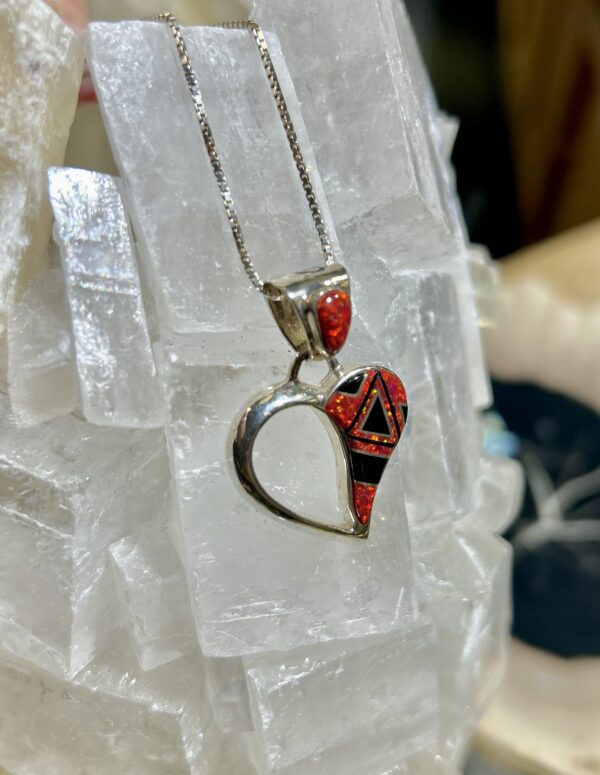 Red Opal Inlay Onyx Sterling Silver Navajo Handmade Heart pendant with Chain - Image 6