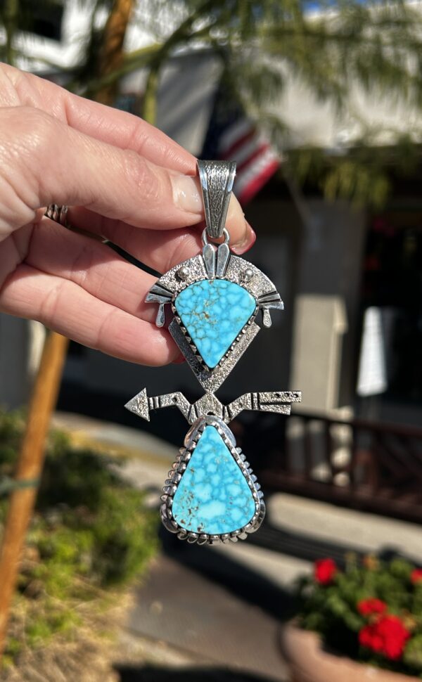 Birdseye Spiderweb Kingman Turquoise Two Stone Arrow Sterling Silver Navajo Handmade Pendant