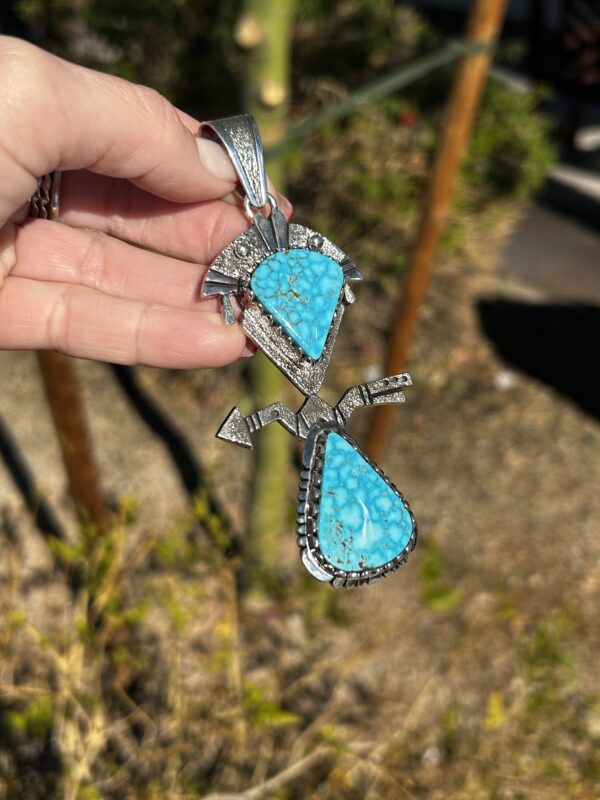 Birdseye Spiderweb Kingman Turquoise Two Stone Arrow Sterling Silver Navajo Handmade Pendant - Image 7