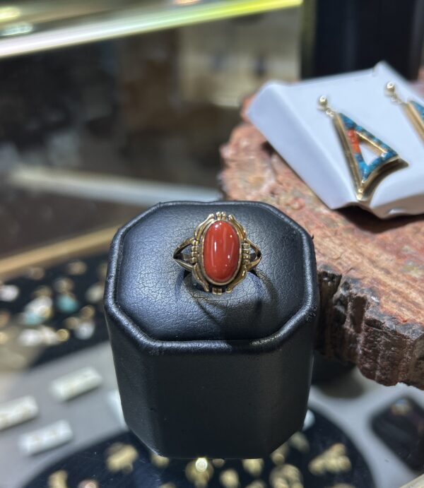 Navajo Handmade 14K Gold Mediterranean Coral Ring - Image 9