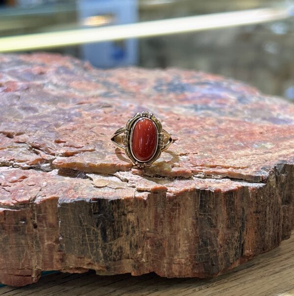 Navajo Handmade 14K Gold Mediterranean Coral Ring - Image 3