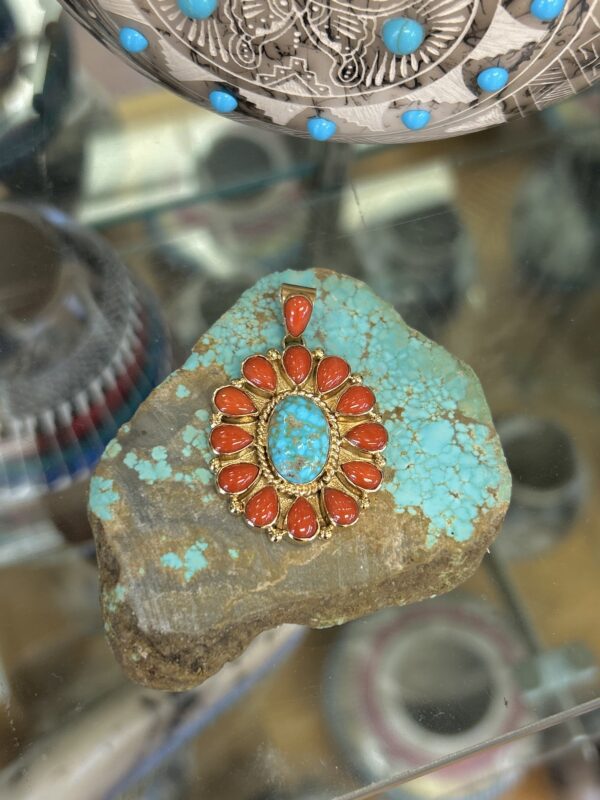 Mediterranean Coral & Birdseye Spiderweb Turquoise 14K Navajo Handmade Pendant