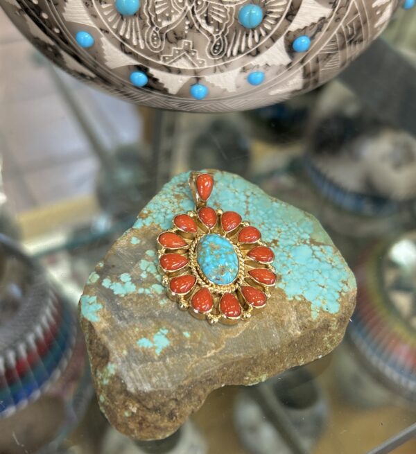 Mediterranean Coral & Birdseye Spiderweb Turquoise 14K Navajo Handmade Pendant - Image 7