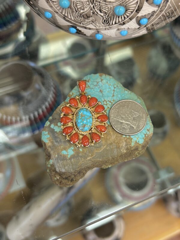 Mediterranean Coral & Birdseye Spiderweb Turquoise 14K Navajo Handmade Pendant - Image 6